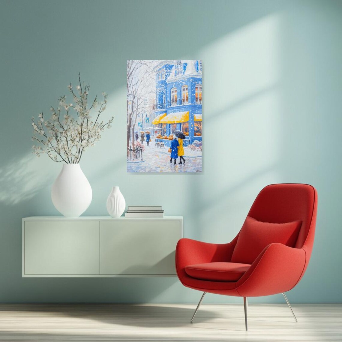 Snowy Blue And Yellow Cafe Street Winter City Impressionist Poster - Image 3