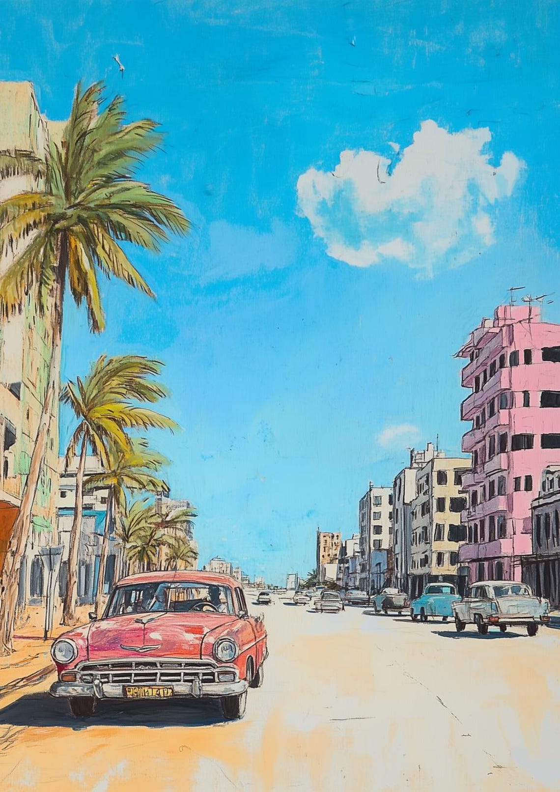 Vintage Red Classic Car on a Sunny Palm-Lined Street Scene Poster
