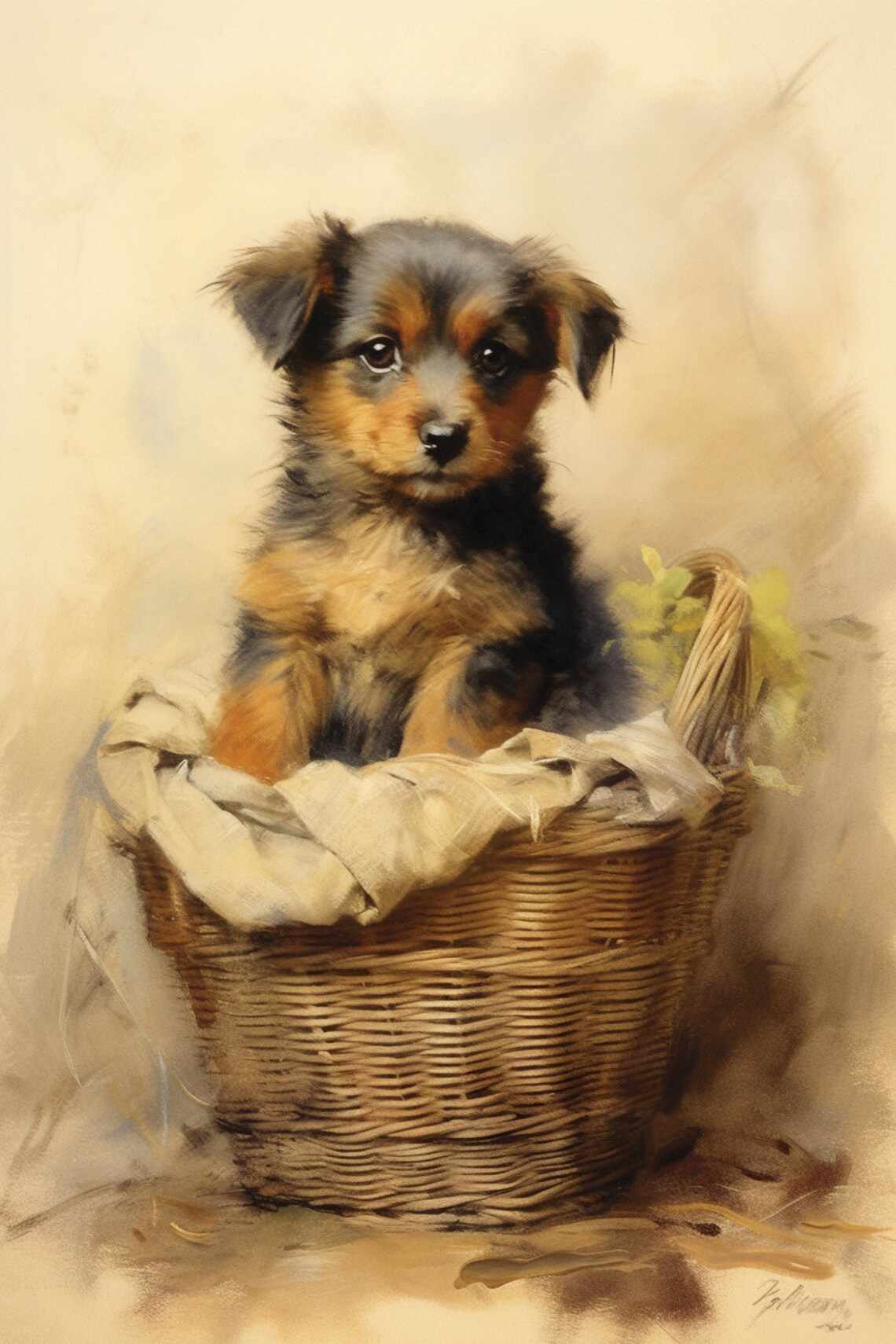 Cute Black Puppy In Basket Watercolor Nursery Painting Poster