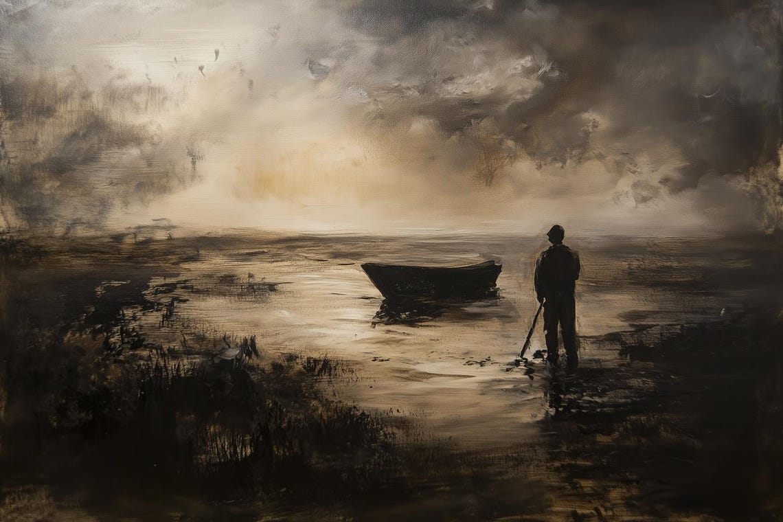 Moody Fisherman Silhouette Beside Boat in Dark Seascape Poster