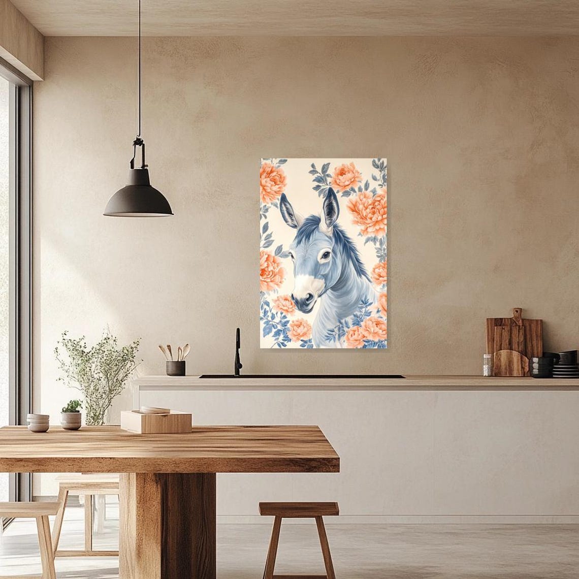 Blue Equine Portrait Surrounded by Lush Peach Peonies Poster - Image 5