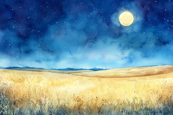 Moonlit Watercolor Night Prairie with Full Moon and Stars Poster