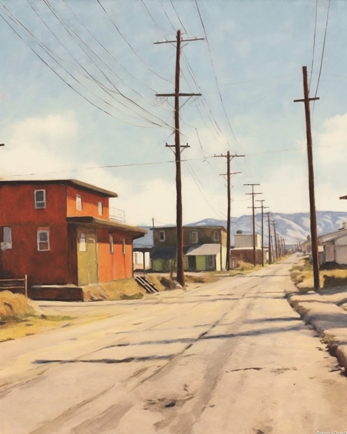 Americana Dusty Street with Red Building in Desert Sunlight Poster