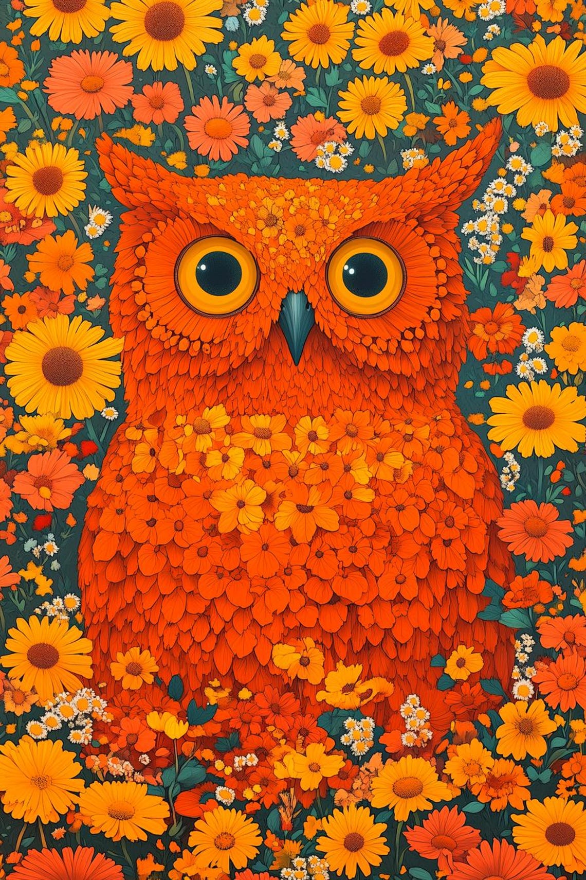 Whimsical Orange Owl in a Vibrant Daisy Flower Garden Poster