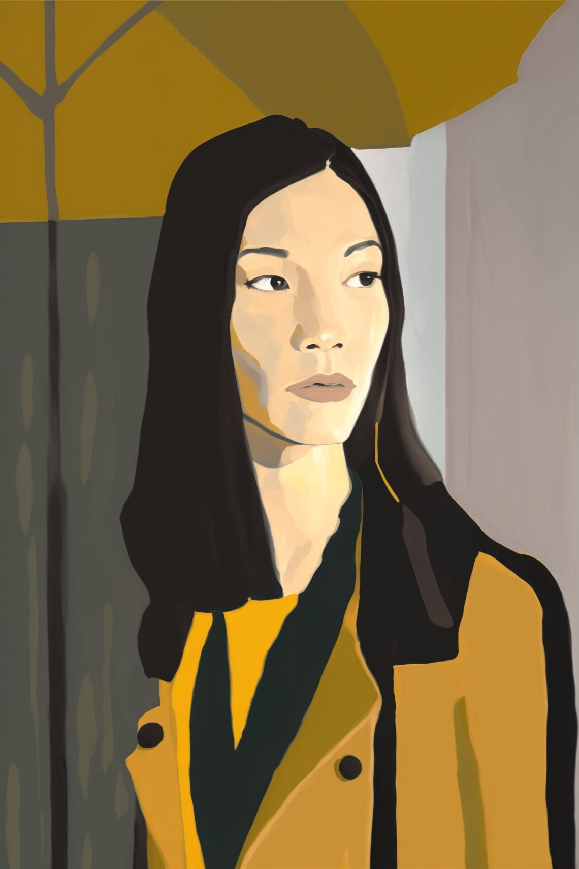 Stylish Young Woman in Yellow Coat Modern Portrait Art Poster