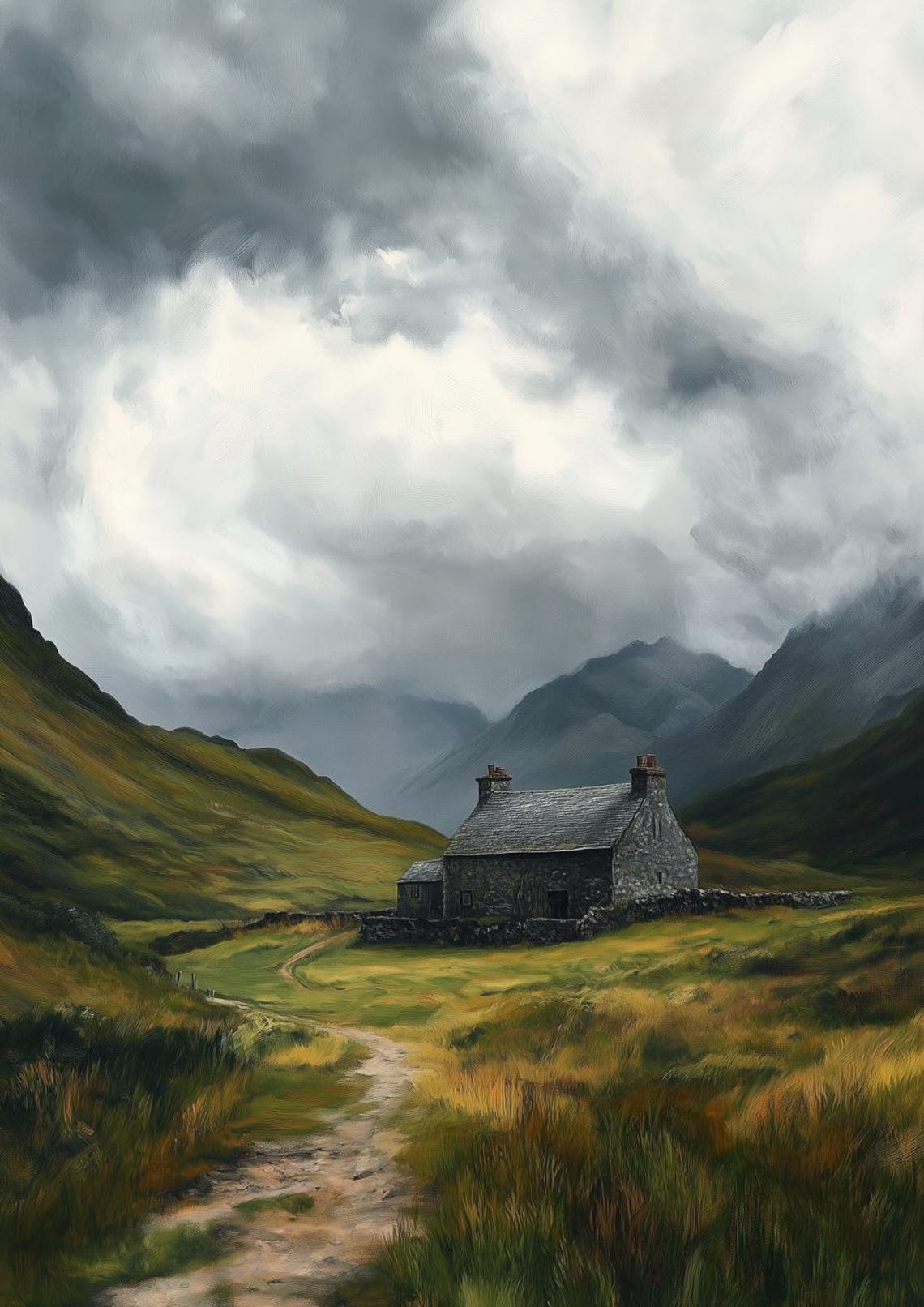 Rustic Stone Cottage Misty Mountain Valley Stormy Sky Landscape Poster