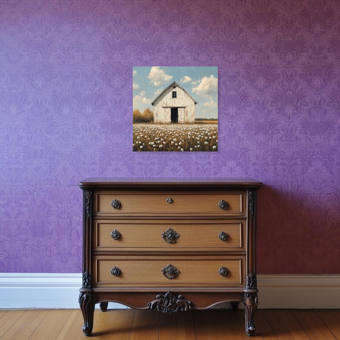 Rustic Cotton Field Art Print, Impressionist Barn Landscape - Image 2