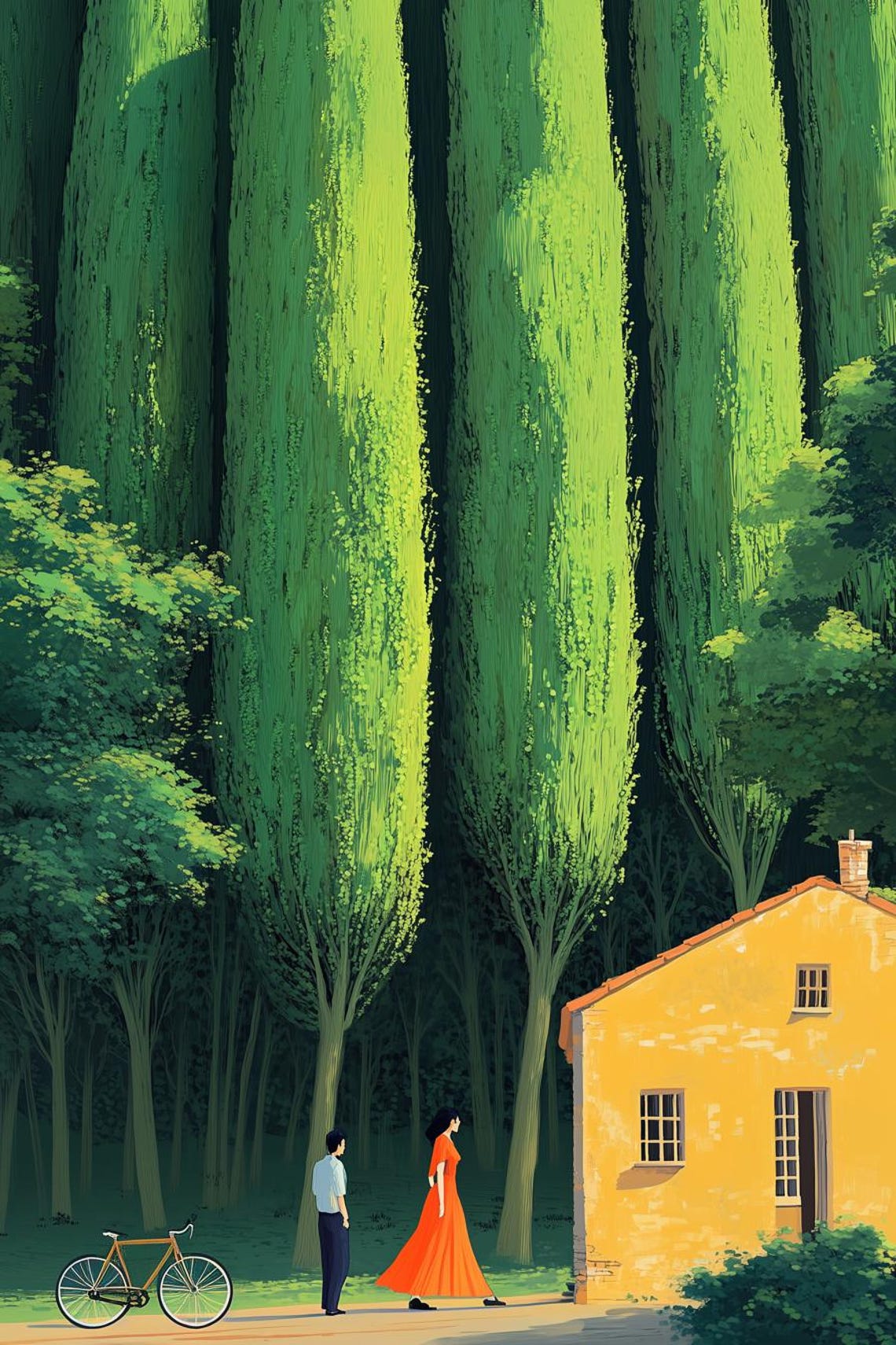 Couple Under Towering Cypress Trees Beside Yellow House Poster