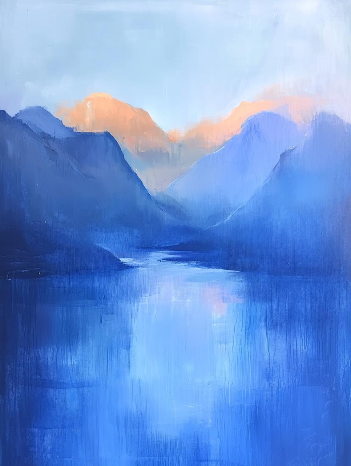 Blue Mountain Lake Sunrise Misty Peaks Minimal Landscape Poster