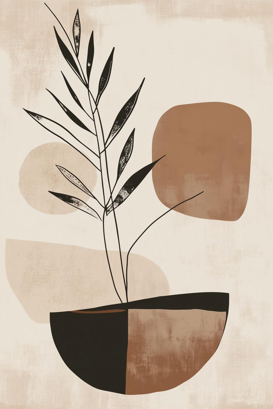Abstract Botanical Line Art Painting with Earthy Beige Shapes Poster