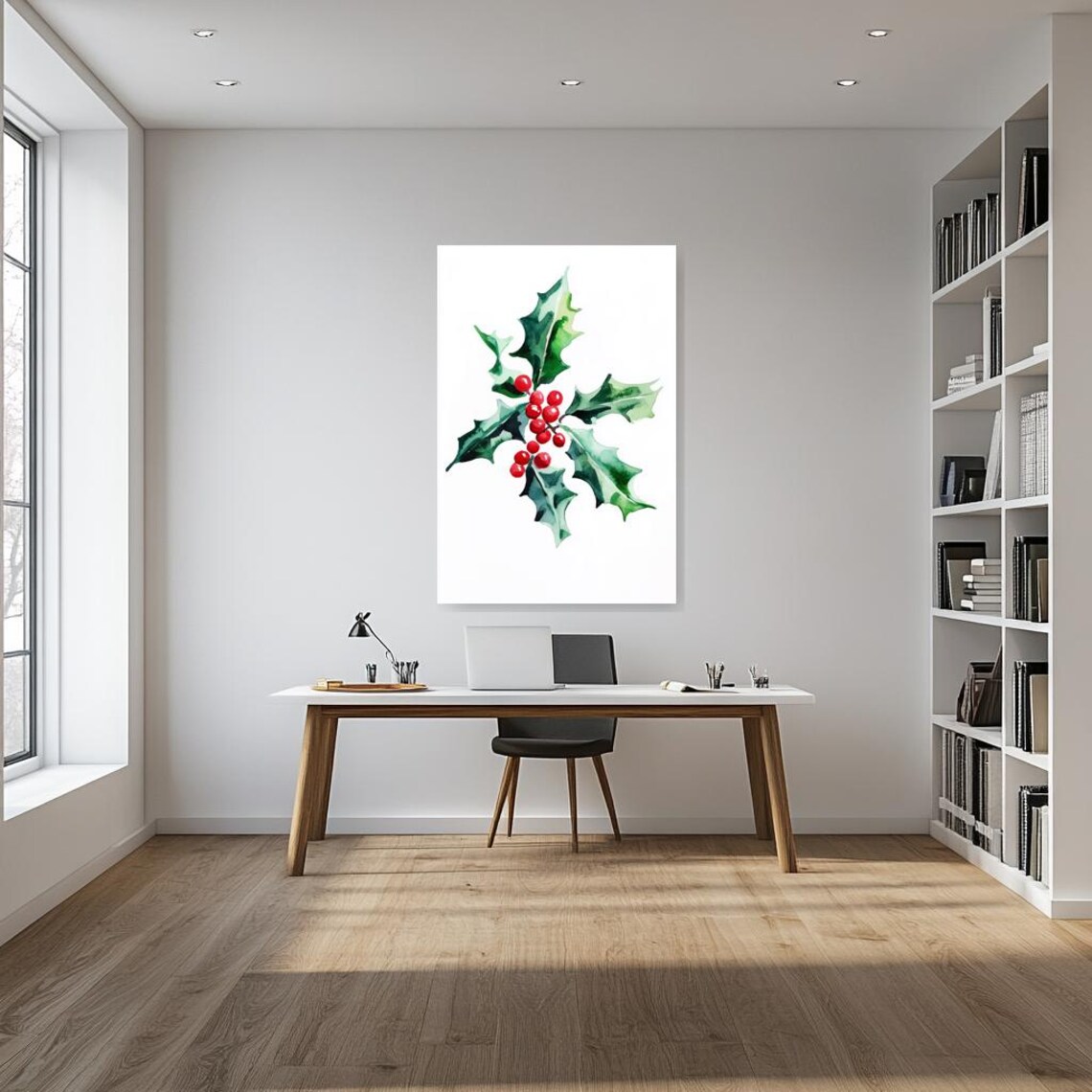 Watercolor Holly Leaves with Glossy Red Berries Botanical Holiday Poster - Image 4