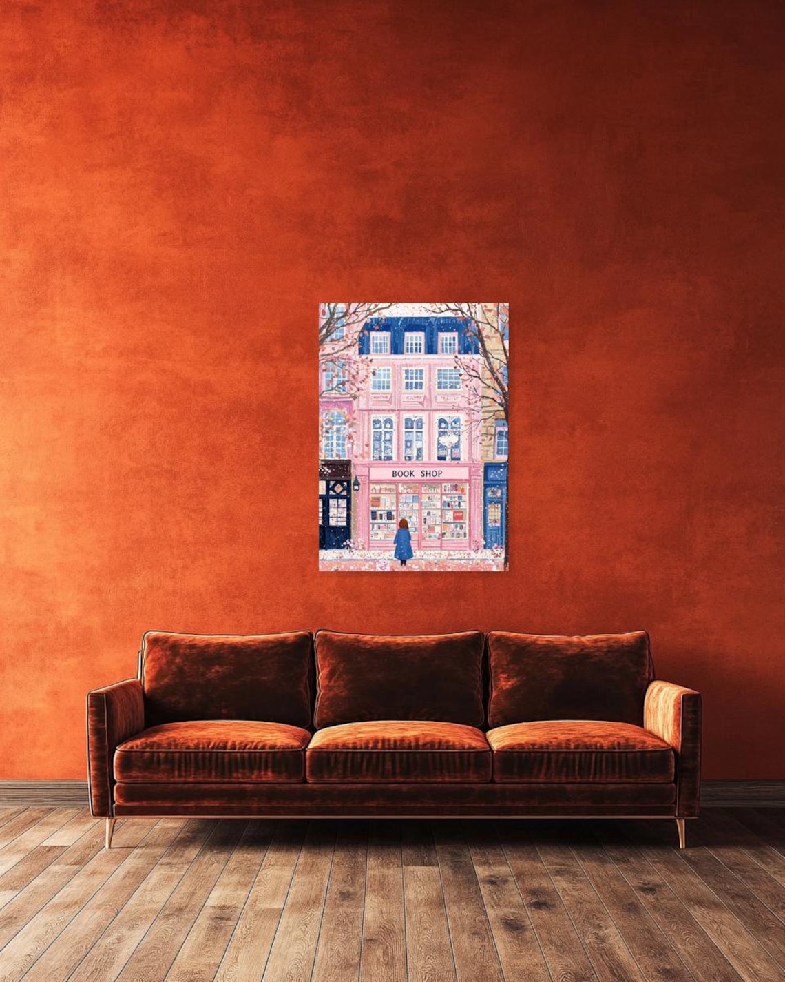 Pink Bookshop in Snow with Falling Petals and Blue Coat Girl Poster - Image 2