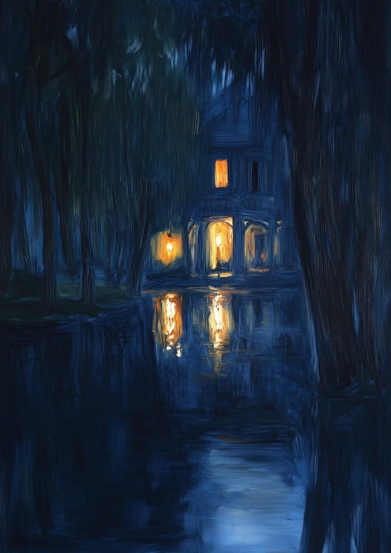 Dreamy Nighttime Landscape Print In The Style Of Van Gogh With Deep Blues And Warm Illuminated Reflections Home Decor Wall Art