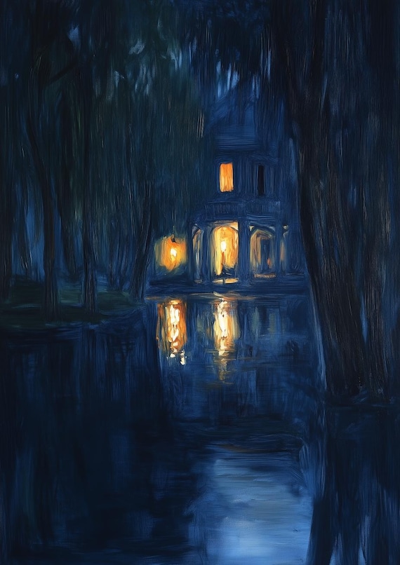 Glowing House in a Dark Blue Midnight Forest Lake Water Poster