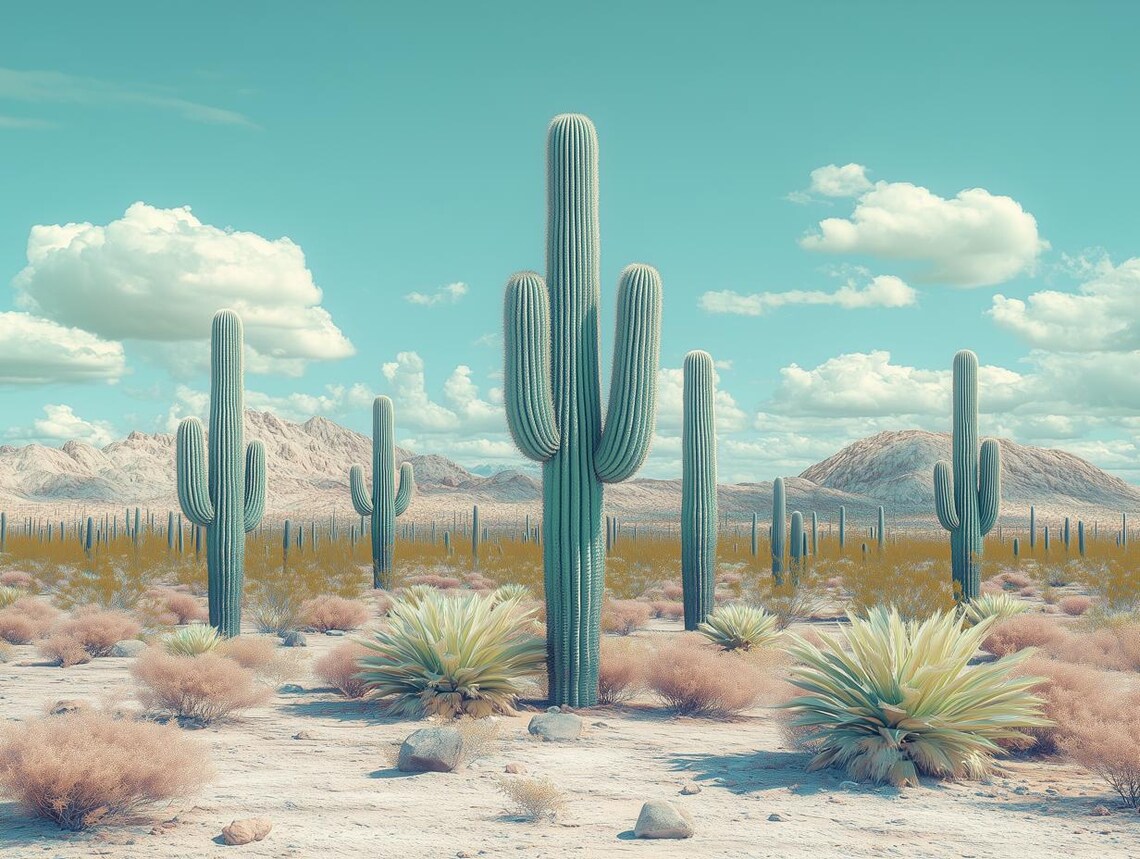 Saguaro Cactus Desert Landscape in Modern Cool Teal Tones Poster