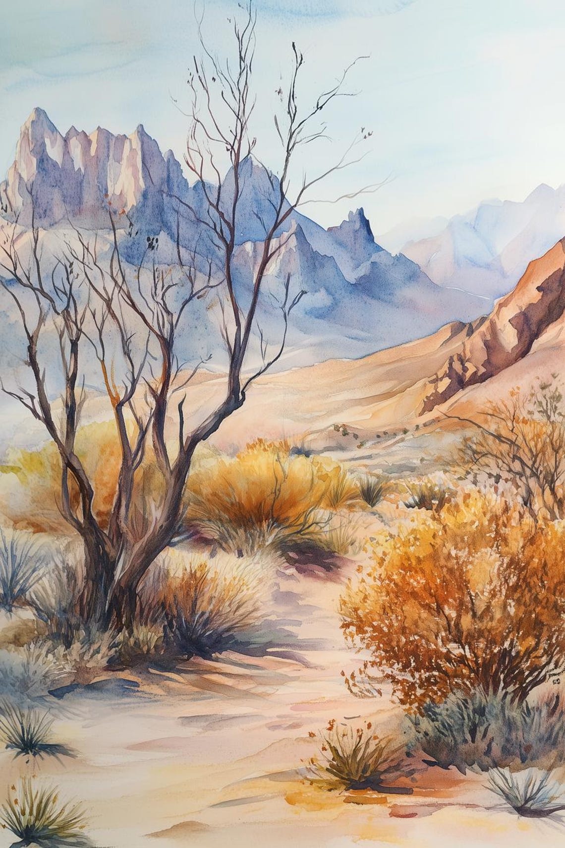 Watercolor Desert Valley Mountains Golden Brush Landscape Poster