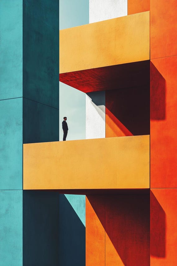 Vibrant Geometric Stairwell Print With Solitary Man Eiko Ojala Inspired Art Colorful Home Decor Custom