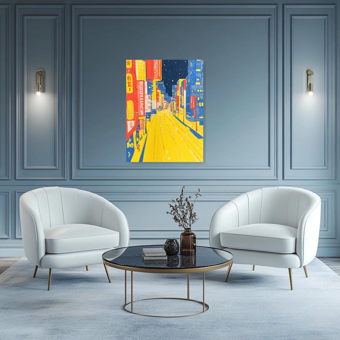 Vibrant Neon City Street At Night In Yellow Blue And Red Tones Poster - Image 5