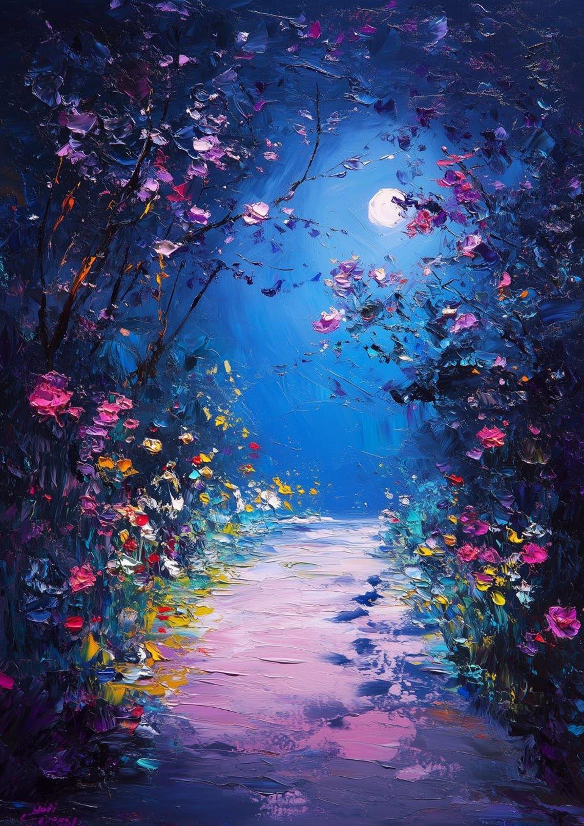 Moonlit Flower Pathway in Van Gogh Style Impasto Night Poster