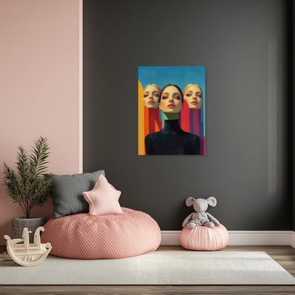 Bold Art Deco Style Triple Portrait Women Vivid Color Art Poster - Image 2