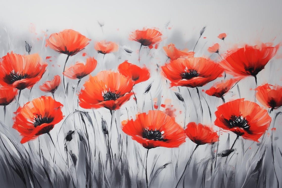 Vivid Red Poppies Monochrome Gray Field Modern Floral Poster