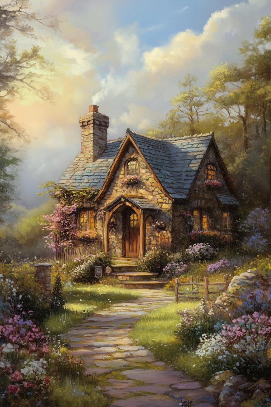 Storybook Stone Cottage With Blooming Garden At Golden Hour Poster