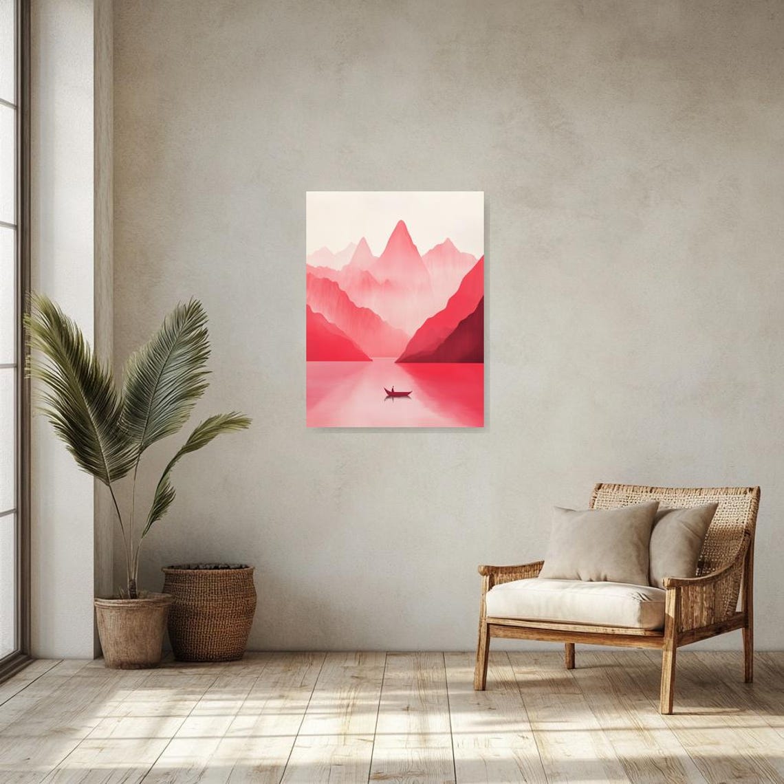 Crimson Mountains Lake With Lone Boat Ink Wash Style Art Poster - Image 3