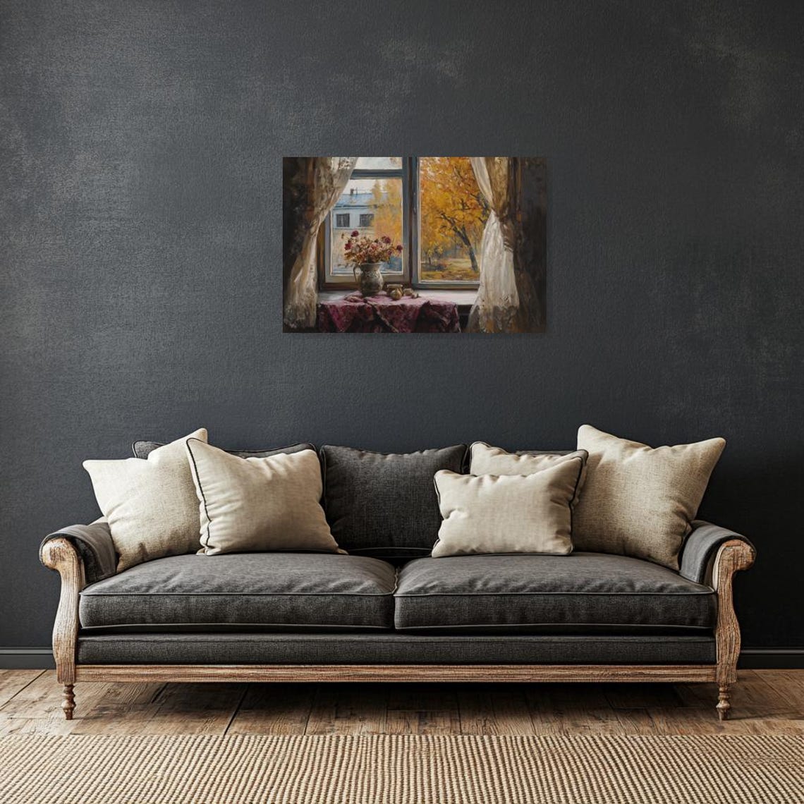 Autumn View Through Window With Flowers Cozy Impressionist Art Poster - Image 3