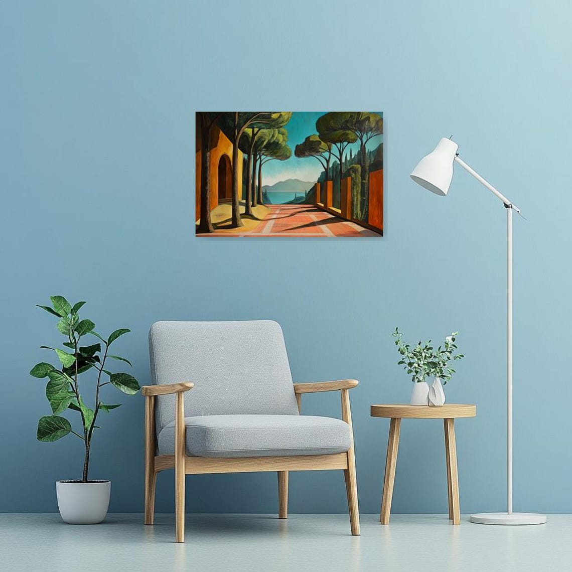 Italian Lakeside Terrace with Pine Trees Under Teal Sky Poster - Image 3