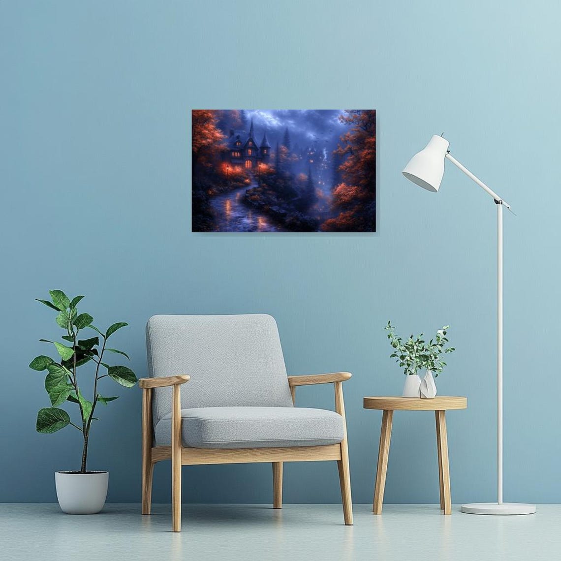 Moody Gothic Castle in Twilight Rain with Glowing Windows Poster - Image 2
