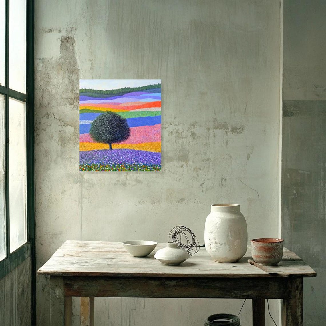 Pointillist Rainbow Flower Fields with a Single Lone Tree Poster - Image 2
