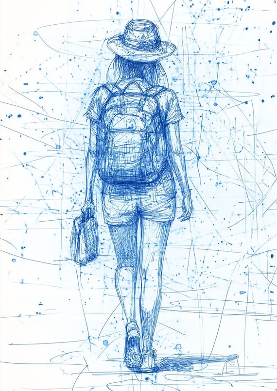 Custom Print Walking Woman In Blue Sketch Style Inspired By Van Gogh For Unique Wall Art And Home Decor