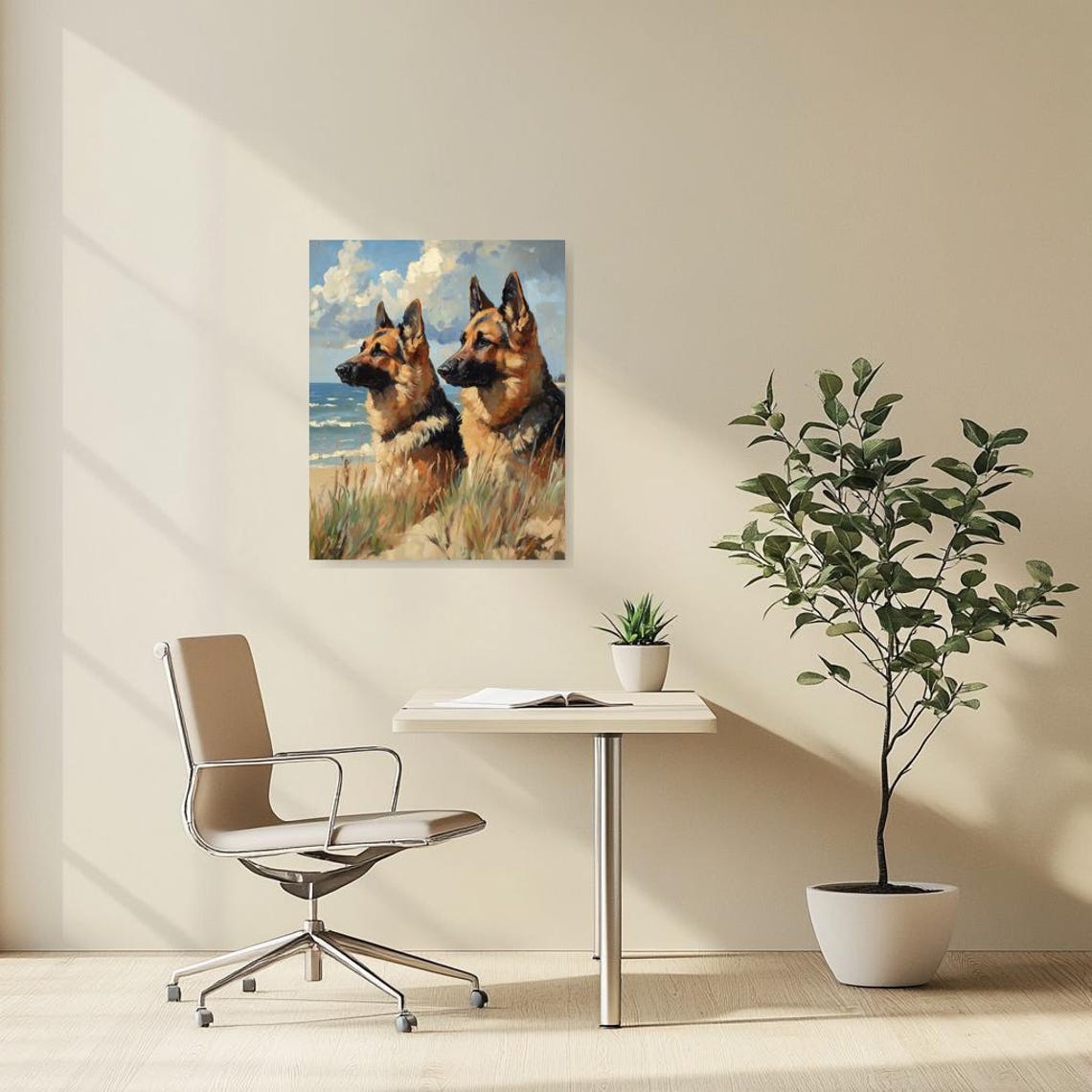 Two German Shepherds Gazing at the Sea on Beach Impressionist Poster - Image 2