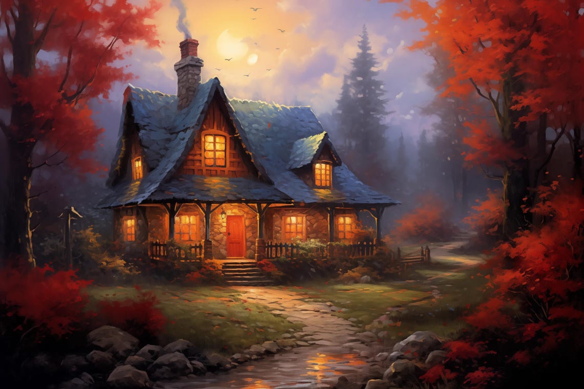 Cozy Autumn Cabin Glowing Windows Night Fall Forest Light Poster