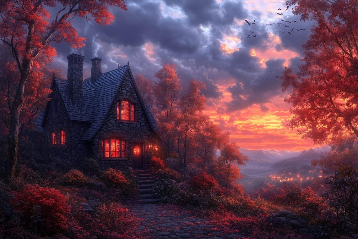 Charming Stone Cottage at Sunset Among Fiery Autumn Trees Poster