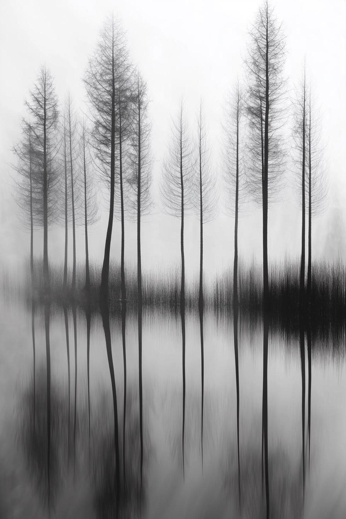 Serene Monochrome Tall Trees Misty Water Reflection Art Poster