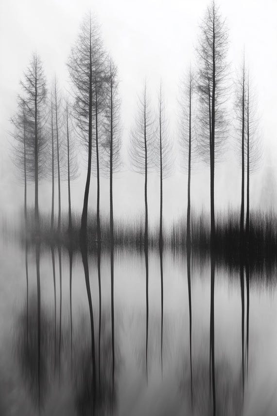 Ethereal Black And White Print Of Silhouetted Trees With Reflections In Foggy Landscape Home Decor Art