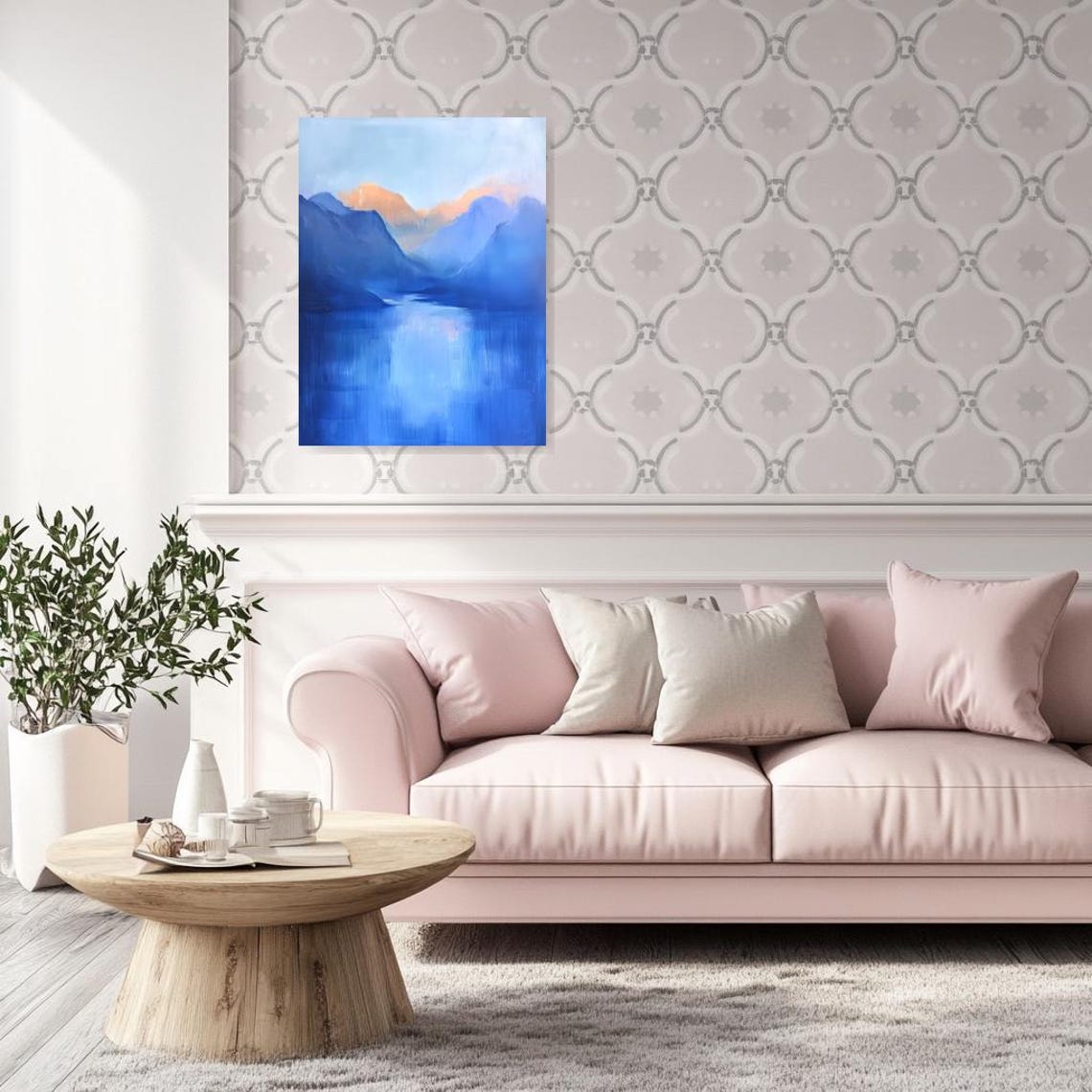 Blue Mountain Lake Sunrise Misty Peaks Minimal Landscape Poster - Image 3