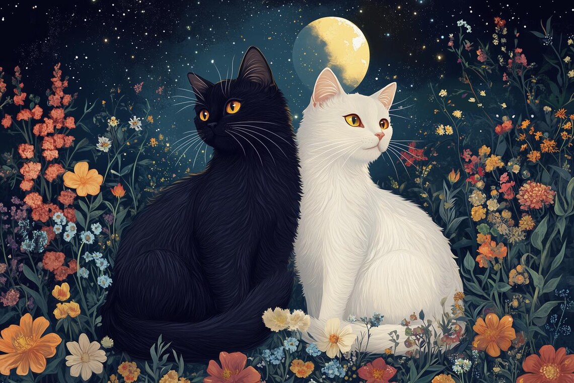 Dreamy Black and White Cats Moonlit Flower Garden Art Poster