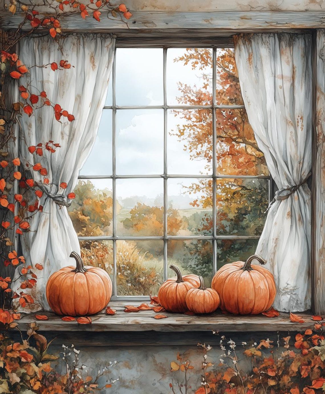 Autumn Window Pumpkins Fall Foliage Watercolor Cozy Home Poster