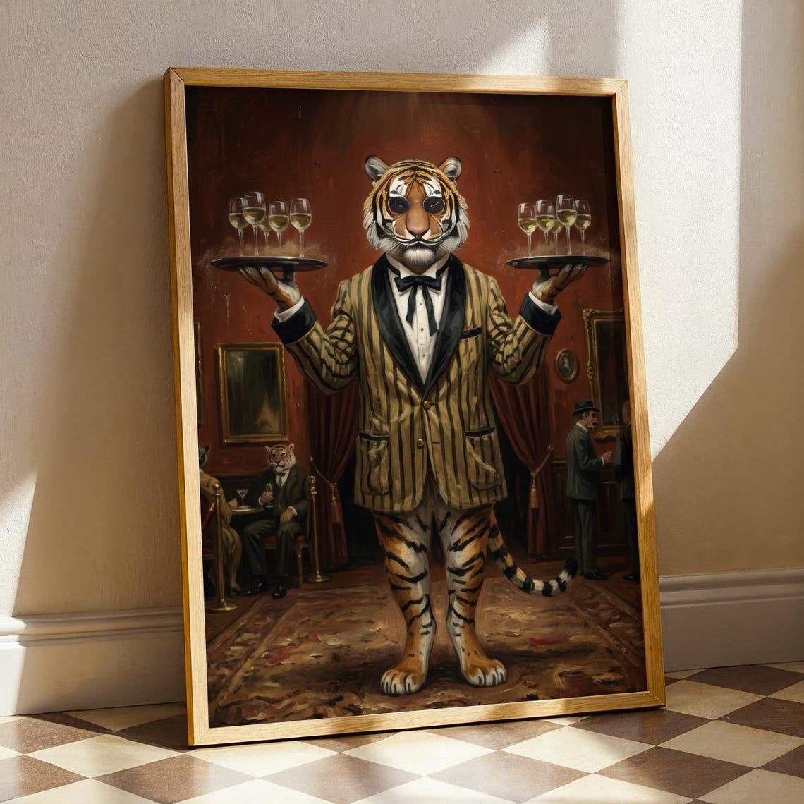 Tiger Bellhop Champagne Art Print Luxury Hotel Wild Animal Painting Dark Academia Quirky Poster Moody Maximalist Bar Cart Decor