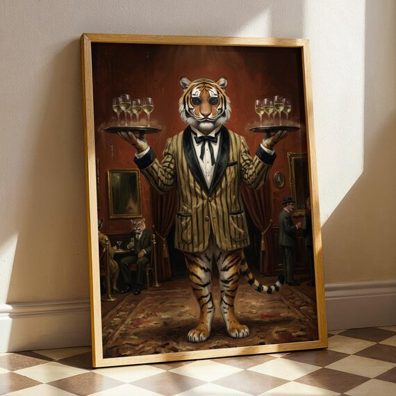 Tiger Bellhop Champagne Art Print Luxury Hotel Wild Animal Painting Dark Academia Quirky Poster Moody Maximalist Bar Cart Decor