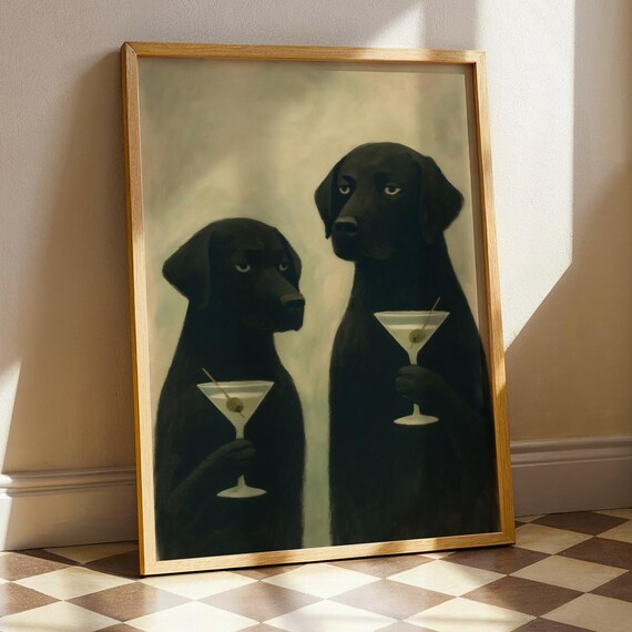 Moody Black Labradors Martini Art Print, Retro Gothic
