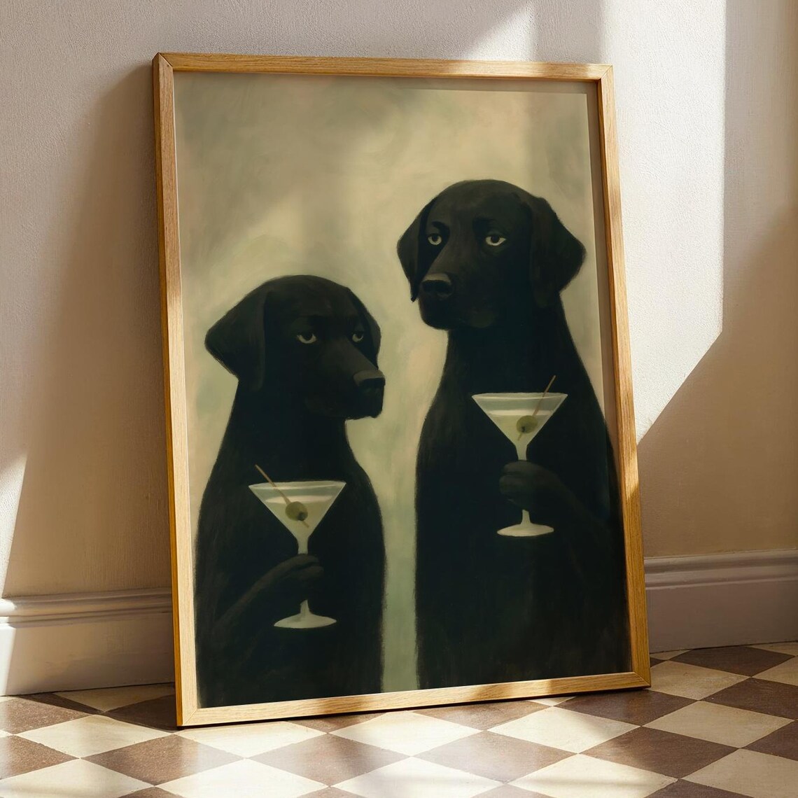Moody Black Labradors Martini Art Print, Retro Gothic
