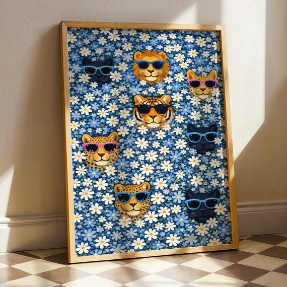 Big Cats Sunglasses Daisy Field Poster Funny Cool Feline Pop Art