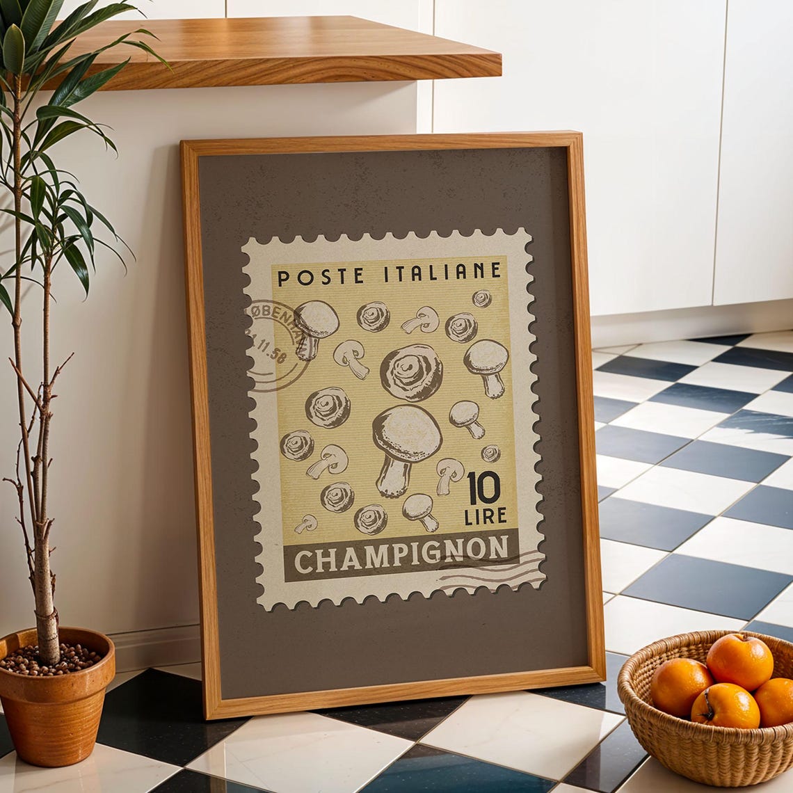 Mushroom Italian Postage Stamp Retro Kitchen Vintage Food Poster