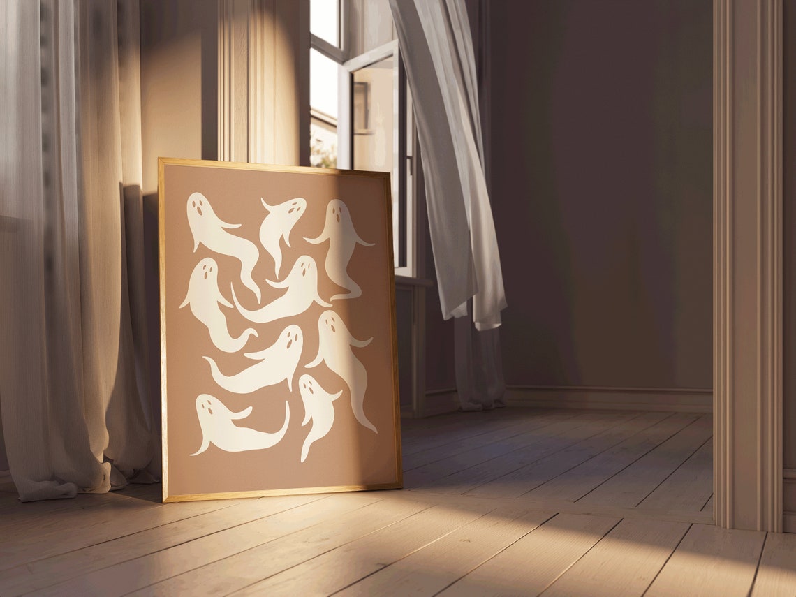 Cute Floating Ghost Pattern Beige Minimalist Spooky Halloween Print - Image 2
