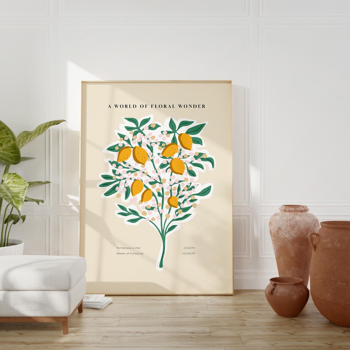 Floral Lemon Tree, Botanical Boho Nature Art Print