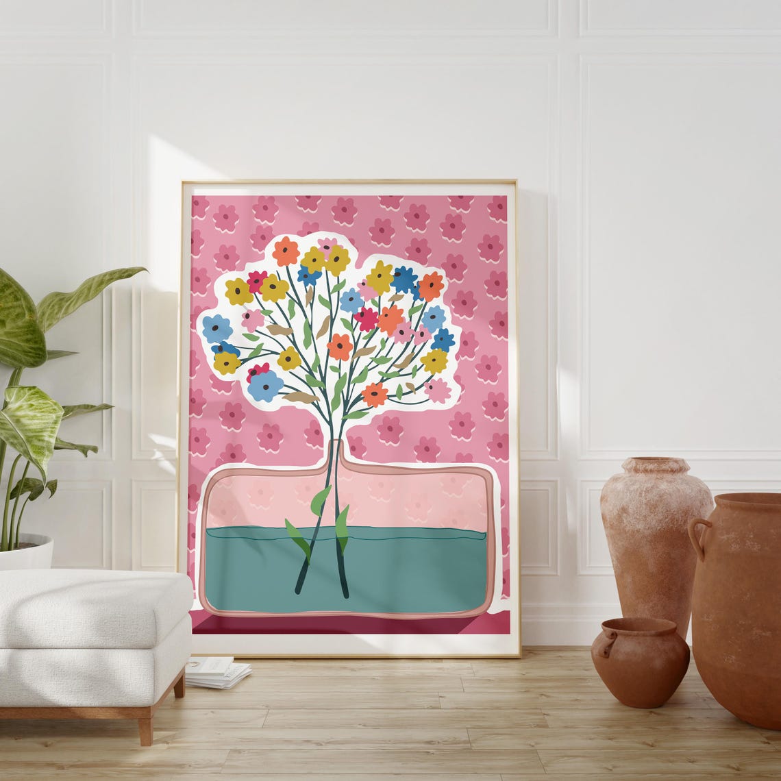 Colorful Wildflower Bouquet Glass Vase Pink Pattern Cheerful Wall Art