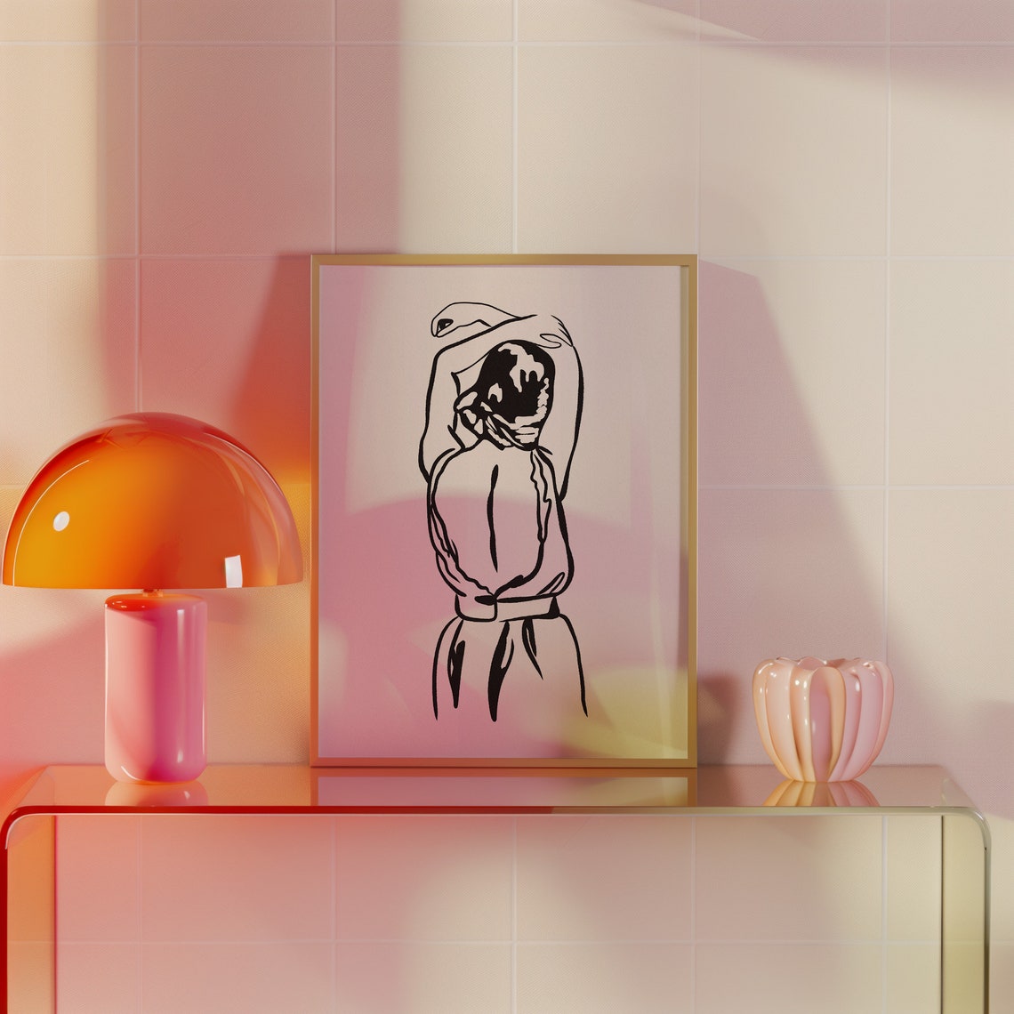 Woman From Behind Flowing Headscarf Black White Line Art Poster - Image 2